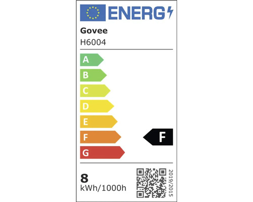 Energielabel der Europäischen Union für Govee H6004, Energieeffizienzklasse F, Energieverbrauch 8 Kilowattstunden pro 1000 Stunden.