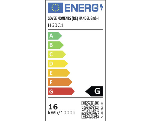 Energielabel der Europäischen Union für Govee Moments H60C1. Energieeffizienzklasse G. Energieverbrauch 16 Kilowattstunden pro 1000 Stunden.
