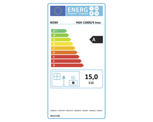 Étiquette énergétique européenne pour ROWI HGH 15000/4 Inox, classe énergétique A, puissance thermique 15,0 kilowatts.