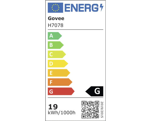 EU Energielabel für Govee H7078 mit Energieeffizienzklasse G und einem Verbrauch von 19 Kilowattstunden pro 1000 Stunden.