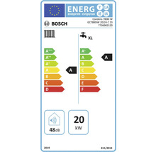 Logo Bosch. Étiquette énergie UE pour Bosch Condens 7800i W. Classe d'efficacité énergétique chauffage A, eau chaude classe A XL, 48 décibels, 20 kilowatts.