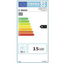 Étiquette énergétique Bosch, chauffage, efficacité énergétique classe A, puissance thermique 15 kilowatts, niveau sonore 45 décibels.