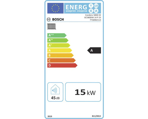 Étiquette énergétique Bosch, chauffage, efficacité énergétique classe A, puissance thermique 15 kilowatts, niveau sonore 45 décibels.