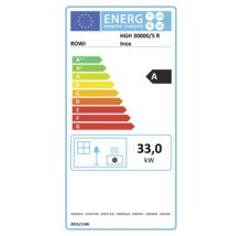 Étiquette énergie européenne pour ROWI HGH 30000/5 R Inox indiquant la classe d efficacité énergétique A et une puissance de 33,0 kilowatts.