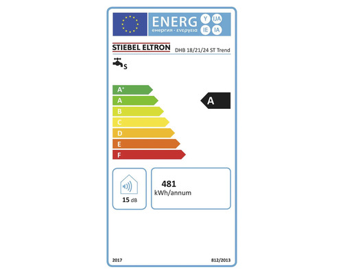 EU-Energielabel für Stiebel Eltron DHB 18/21/24 ST Trend, Energieeffizienzklasse A, 481 Kilowattstunden pro Jahr, 15 Dezibel.