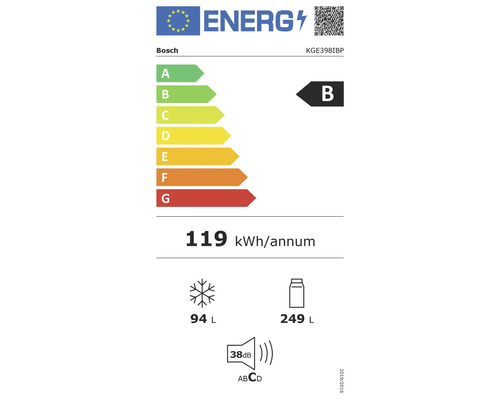 Bosch Energielabel für KGE398IBP: Klasse B, 119 Kilowattstunden pro Jahr, Gefrierfach 94 Liter, Kühlfach 249 Liter, 38 Dezibel, Geräuschklasse C.