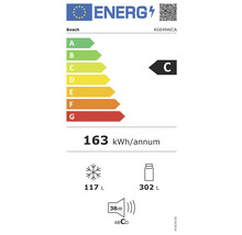 Étiquette énergie Bosch KGE49AICA, classe C, 163 kilowattheures par an, congélateur 117 litres, réfrigérateur 302 litres, 38 décibels, classe sonore C.