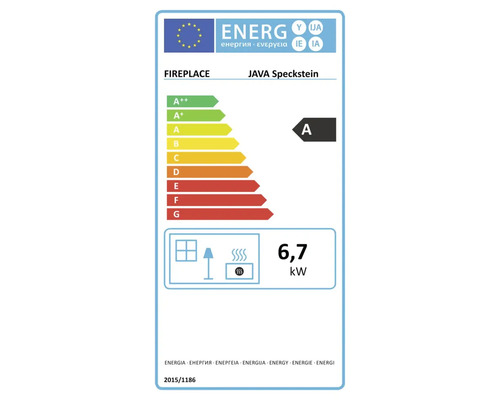 Étiquette énergétique pour le poêle FIREPLACE JAVA Speckstein avec classe d'efficacité énergétique A et puissance thermique de 6,7 kilowatts.