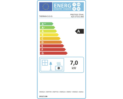 Étiquette énergétique pour Thermia DOO Prestige Stahl A25-571V1 R00, classe d'efficacité énergétique A, puissance nominale 7,0 kilowatts.