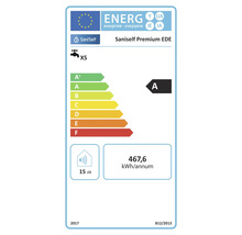 Étiquette énergie UE pour SaniSelf Premium EDE, classe d’efficacité énergétique A, 467,6 kilowattheures par an, 15 décibels, profil extra petit.