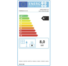 Europäisches Energielabel für Thermia D.O.O. IGNIS MASS R-0 mit Energieeffizienzklasse A plus und einer Wärmeleistung von 8,0 Kilowatt.