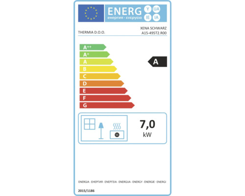 Étiquette énergie européenne pour Thermia Xena Schwarz, classe d'efficacité énergétique A, puissance thermique 7,0 kilowatts.