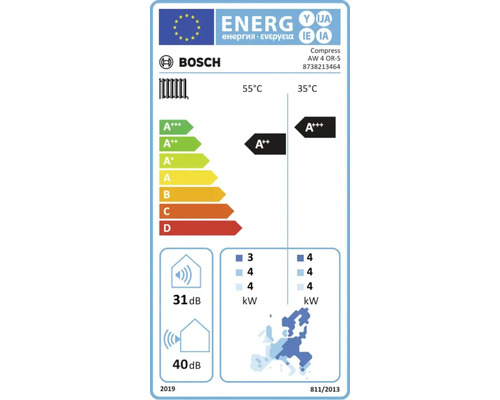 Étiquette énergie UE Bosch pour pompe à chaleur Compress AW 4 OR-S, classe d'efficacité énergétique A plus plus plus à 35 degrés et A plus plus à 55.