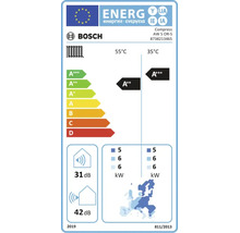 Bosch Logo. Europäisches Energielabel für Wärmepumpe Compress AW 5 OR-S, Effizienzklassen A plus plus bei 55 Grad und A plus plus plus bei 35 Grad.