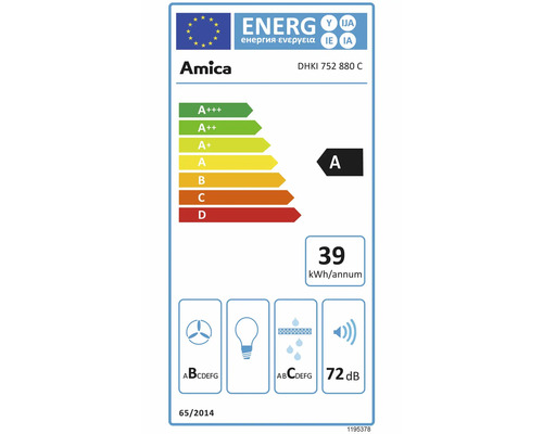 Energielabel Amica DHKI 752 880 C. Energieeffizienzklasse A, 39 Kilowattstunden pro Jahr, Lüfterklasse B, Filterklasse C, 72 Dezibel.