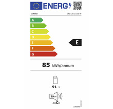 Étiquette énergétique de l Union européenne pour Amica VKS 351 155 W, classe E, 85 kilowattheures par an, 91 litres, 39 décibels.