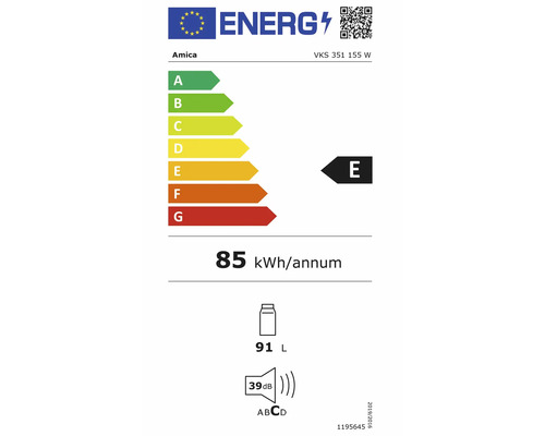 Étiquette énergétique de l Union européenne pour Amica VKS 351 155 W, classe E, 85 kilowattheures par an, 91 litres, 39 décibels.
