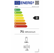 Étiquette énergétique UE pour Amica VKS 351 112 W, classe D, 71 kilowattheures par an, volume 120 litres, niveau sonore 41 décibels.