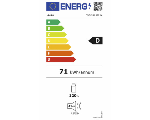 Étiquette énergétique UE pour Amica VKS 351 112 W, classe D, 71 kilowattheures par an, volume 120 litres, niveau sonore 41 décibels.