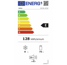 Étiquette énergétique européenne Amica KS 361 155 W, classe E, 128 kilowattheures par an, 8 litres congélateur, 75 litres réfrigérateur, 39 décibels.