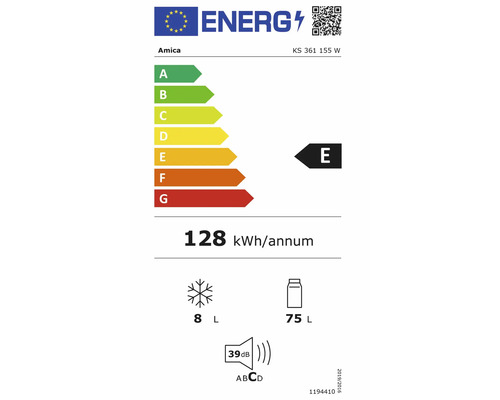 Étiquette énergétique européenne Amica KS 361 155 W, classe E, 128 kilowattheures par an, 8 litres congélateur, 75 litres réfrigérateur, 39 décibels.