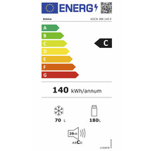 Étiquette énergie UE Amica KGCN 388 145 E, classe C, 140 kilowattheures par an, 70 litres congélateur, 180 litres réfrigérateur, 39 décibels.