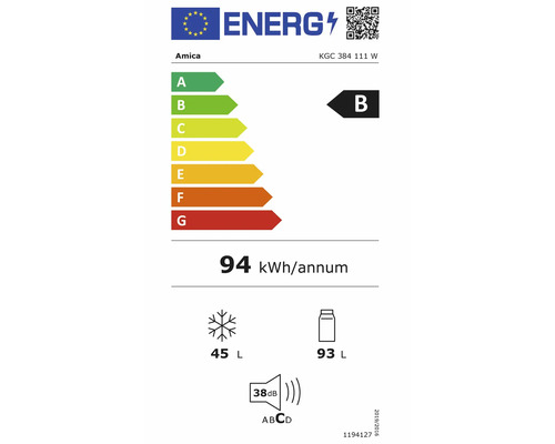 Label énergétique UE pour Amica KGC 384 111 W. Classe B, 94 kilowattheures par an, 93 litres réfrigérateur, 45 litres congélateur, 38 décibels.