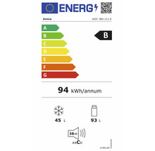Étiquette énergie européenne Amica KGC 384 111 E : classe B, 94 kilowattheures par an, congélation 45 litres, froid 93 litres, 38 décibels.