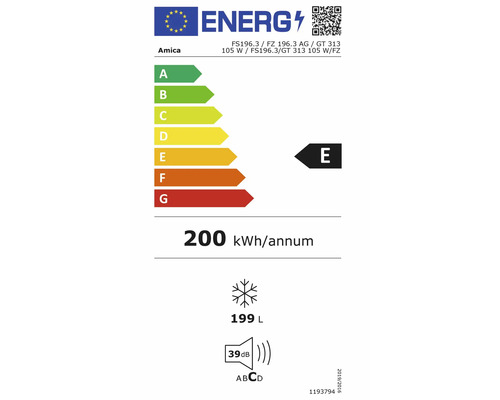 Energielabel Amica Gefriergerät, Klasse E, 200 Kilowattstunden pro Jahr, 199 Liter Gefriervolumen, 39 Dezibel Klasse C.