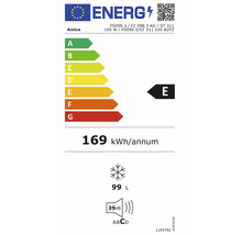 Étiquette énergétique européenne Amica FS098.3, classe E, 169 kilowattheures par an, capacité 99 litres, niveau sonore 39 décibels classe C.