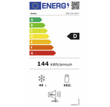 Étiquette énergie Amica modèle DTR 374 190 T, classe D, 144 kilowattheures par an, 162 litres réfrigérateur, 44 litres congélateur, 39 décibels.