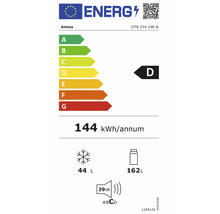 Étiquette énergie européenne Amica DTR 374 190 B, classe D, 144 kilowattheures par an, congélateur 44 litres, réfrigérateur 162 litres, 39 décibels.