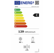 Étiquette énergie Amica KGCR 387 102 B: classe C, 129 kilowattheures par an, congélateur 63 litres, réfrigérateur 181 litres, 38 décibels.
