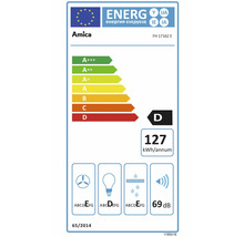 Amica Energieetikett für Modell FH 17162 E, Energieeffizienzklasse D, einhundertsiebenundzwanzig Kilowattstunden pro Jahr, neunundsechzig Dezibel.