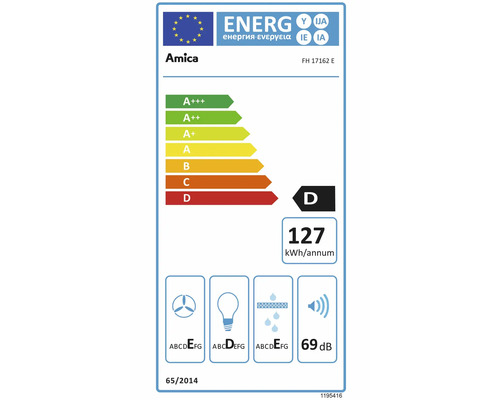 Amica Energieetikett für Modell FH 17162 E, Energieeffizienzklasse D, einhundertsiebenundzwanzig Kilowattstunden pro Jahr, neunundsechzig Dezibel.