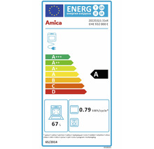 Europäisches Energielabel für Amica Backofen mit Energieeffizienzklasse A, 67 Liter Volumen und 0,79 Kilowattstunden pro Zyklus.