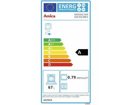 Europäisches Energielabel für Amica Backofen mit Energieeffizienzklasse A, 67 Liter Volumen und 0,79 Kilowattstunden pro Zyklus.