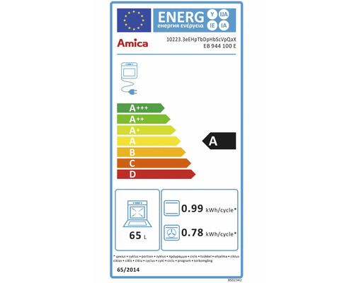 Étiquette-énergie européenne pour four Amica EB 944 100 E, classe énergétique A, volume 65 litres, consommation 0,99 et 0,78 kilowatt-heure par cycle.