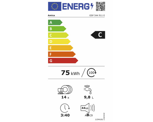 Étiquette énergie européenne Amica lave-vaisselle GSP 544 911 E, classe C, 75 kilowattheures pour 100 cycles, 14 couverts, 9,8 litres, 44 décibels.