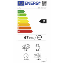 Amica GSP 530 911 W, classe énergétique D, 67 kilowattheures pour 100 cycles, 10 couverts, 9 litres d'eau, 3 heures 35 minutes, 47 décibels classe C.