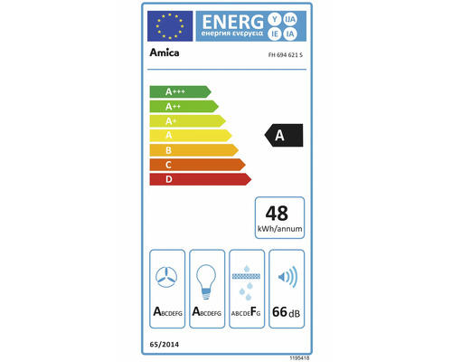 Amica Logo, Energieetikett für Modell FH 694 621 S mit Energieeffizienzklasse A und einem Energieverbrauch von 48 Kilowattstunden pro Jahr.