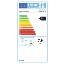 Étiquette énergétique UE pour Panadero Mistral 3V et Harmonie 3V, classe d'efficacité énergétique A plus, 7,9 kilowatts.