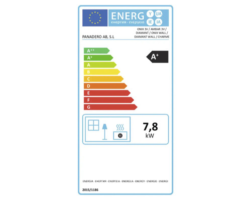 Étiquette énergie européenne pour poêles Panadero, classe d'efficacité énergétique A plus, puissance thermique 7,8 kilowatts.