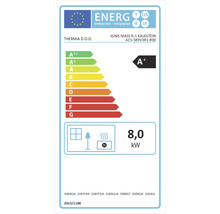 EU-Energieetikett für den Kaminofen Ignis Mass R-1 Kalkstein von Thermia D.O.O. mit Energieeffizienzklasse A plus und 8,0 Kilowatt Leistung.
