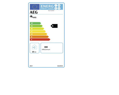 Logo AEG, étiquette énergie pour Hoz 5 Comfort, classe d'efficacité énergétique A, profil de soutirage XXS, 480 kilowattheures par an, 15 décibels.