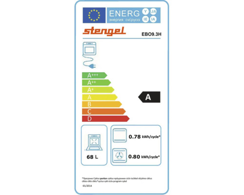 EU Energieeffizienzlabel für Stengel Einbaubackofen EBO9.3H, Klasse A, Energieverbrauch 0,78 kWh und 0,80 kWh, 68 Liter Garraumvolumen.