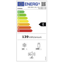 Étiquette énergétique de l'Union européenne classe E, 139 kilowattheures par an, 100 litres réfrigération, 14 litres congélation, 41 décibels.
