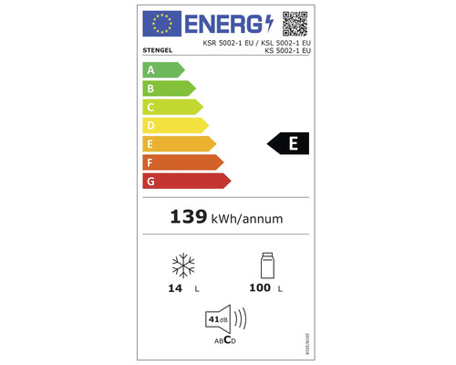 Energielabel der Europäischen Union Energieeffizienzklasse E, 139 Kilowattstunden pro Jahr, 100 Liter Kühlung, 14 Liter Gefrieren, 41 Dezibel.