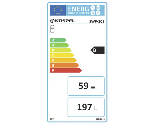 Étiquette énergétique UE pour Kospel SWP-201, classe d'efficacité énergétique B de A plus à F, perte statique 59 Watt, volume 197 litres.
