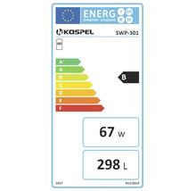 Étiquette énergie européenne pour Kospel SWP-301 avec classe d efficacité énergétique B, pertes statiques 67 Watt et volume de stockage 298 litres.